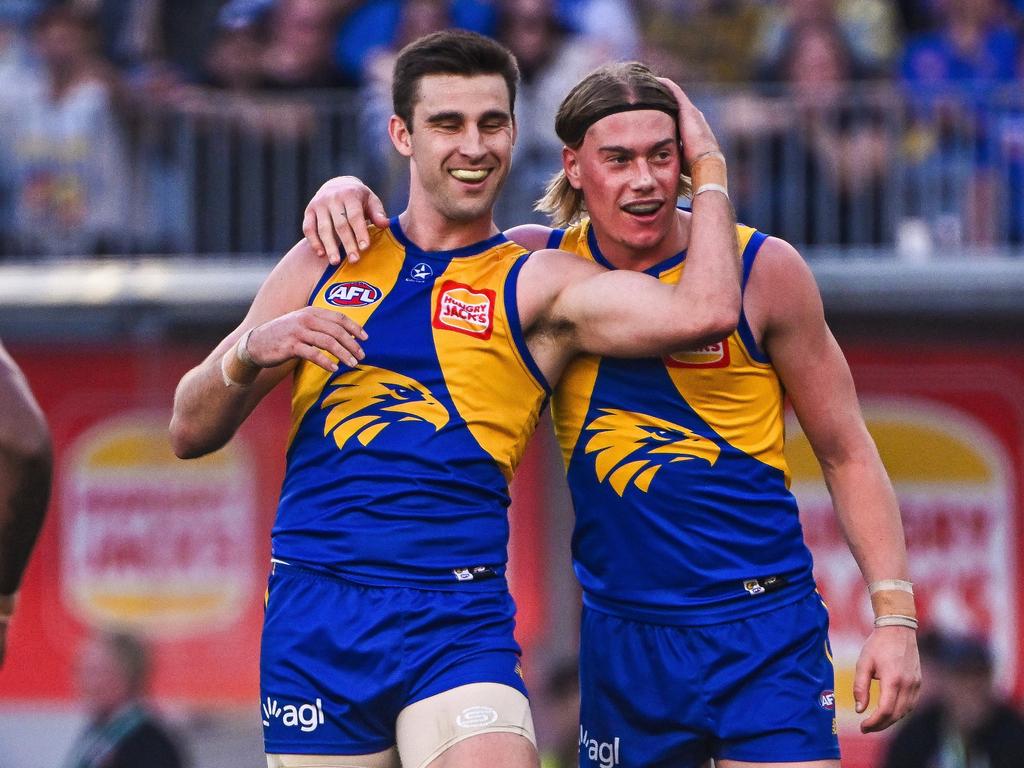 PERTH, AUSTRALIA – JUNE 01: Elliot Yeo of the Eagles and Harley Reid celebrate a denied goal during the 2024 AFL Round 12 match between the West Coast Eagles and the St Kilda Saints at Optus Stadium on June 01, 2024 in Perth, Australia. (Photo by Daniel Carson/AFL Photos via Getty Images)