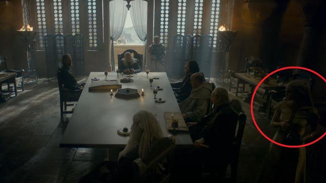 This shot draws your eye to King Viserys at the head of the Small Council table – but note Princess Rhaenyra lurking in the shadows. Picture: Foxtel/HBO