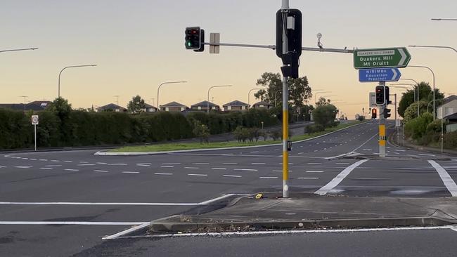 Intersection of Sunnyholt Road and Quakers Hill Parkway where a motorbike rider lost his life in a crash overnight. Picture: Ben Talintyre