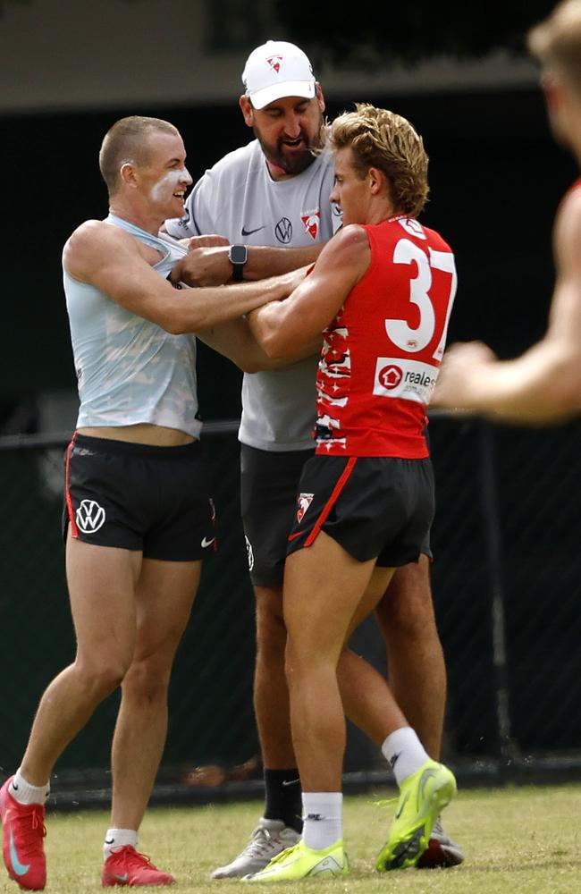 Chad and Corey Warner had to be separated by coach Dean Cox at Sydney training last week. Picture: Phil Hillyard