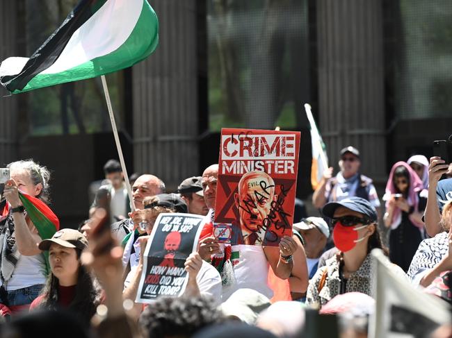 Pro-Palestine protesters have gathered in Melbourne two days after a synagogue was firebombed. Picture: Tony Gough