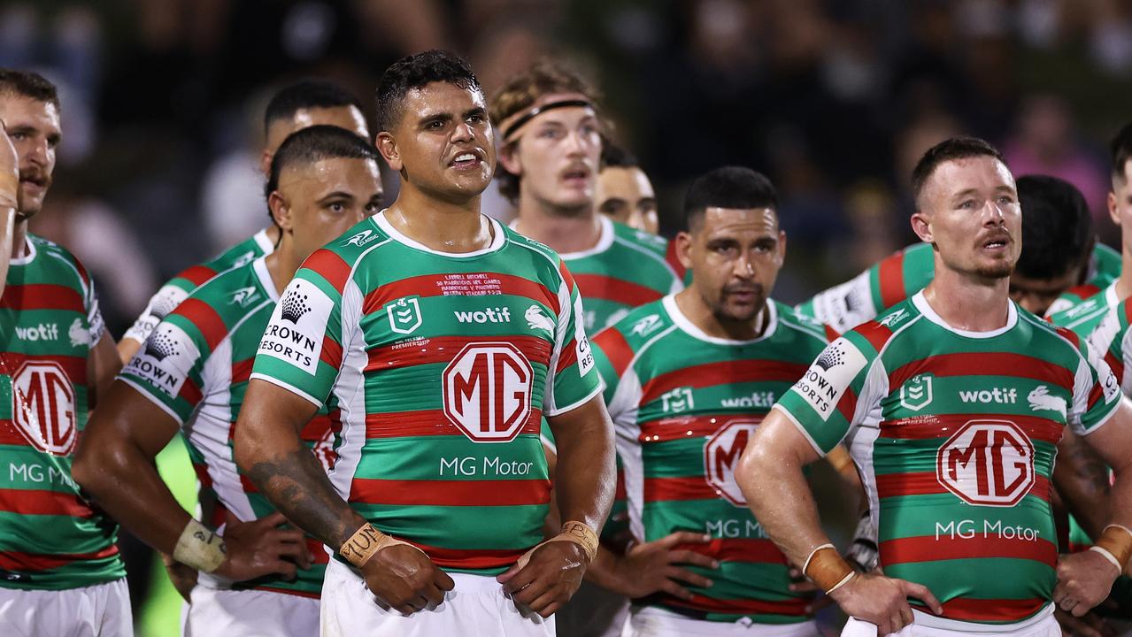 Penrith, AUSTRALIA - MARCH 09: Latrell Mitchell and Damien Cook of the Rabbitohs look dejected after the Rabbitohs conceded a try during the round two NRL match between the Penrith Panthers and the South Sydney Rabbitohs at BlueBet Stadium on March 09, 2023 in Penrith, Australia. (Photo by Cameron Spencer/Getty Images)