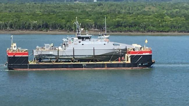 Guardian-class patrol boat, the Nafanua II being towed up Trinity Inlet in October last year. Picture: Supplied