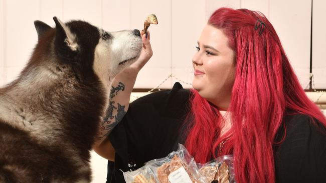 Diesel the Siberian husky and Colleen Llewellyn at home in Hackham West. Picture: AAP/ Keryn Stevens.