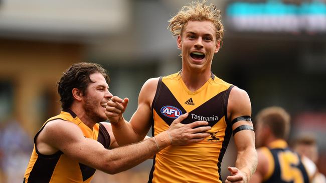 James Worpel celebrates a goal during Hawthorn’s win over Adelaide last weekend. Picture: Daniel Kalisz/Getty Images. 