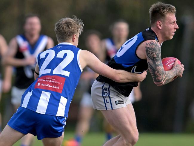 Oak ParkÃs Max Gleeson and Sunbury KangaroosÃ Travis Faulds during the EDFL Oak Park v Sunbury Kangaroos football match in Oak Park, Saturday, Aug. 19, 2023. Picture: Andy Brownbill