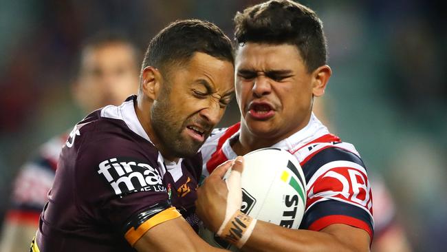 Brisbane’s Benji Marshall tackles the Roosters’ Latrell Mitchell.