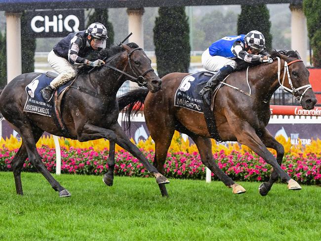 Mugatoo (IRE) ridden by Hugh Bowman wins the ALL-STAR MILE at Moonee Valley Racecourse on March 13, 2021 in Moonee Ponds, Australia. (Brett Holburt/Racing Photos via Getty Images)