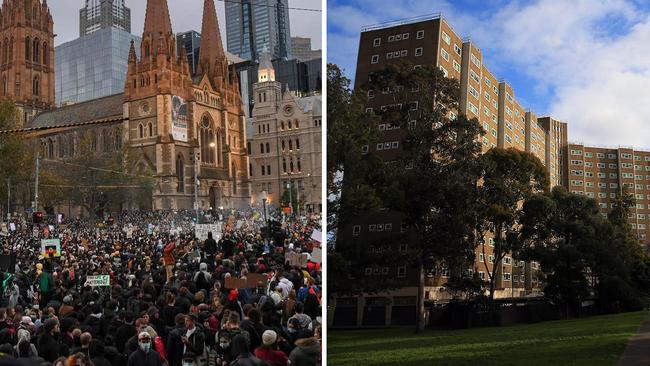 Victorian health authorities have confirmed a link between two COVID-19 cases in people who attended the Black Lives Matter protest in Melbourne’s CBD and the cluster in public housing towers in the city’s inner northwest. Picture: Aaron Francis