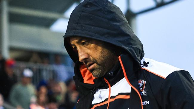 TAMWORTH, AUSTRALIA - MAY 11: Benji Marshall head coach of the Tigers walks off at the end of the game after their loss during the round 10 NRL match between Wests Tigers and Newcastle Knights at Scully Park, on May 11, 2024, in Tamworth, Australia. (Photo by Mark Evans/Getty Images)