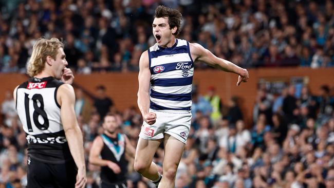 ADELAIDE, AUSTRALIA - SEPTEMBER 05: Shaun Mannagh of the Cats celebrates a goal during the 2024 AFL Second Qualifying Final match between the Port Adelaide Power and the Geelong Cats at Adelaide Oval on September 05, 2024 in Adelaide, Australia. (Photo by Michael Willson/AFL Photos via Getty Images)