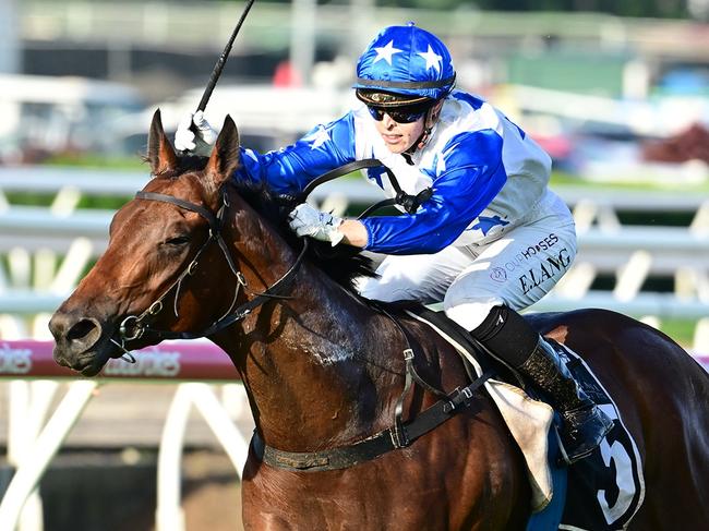 Apprentice Emily Lang scores her first win in a Listed race after saluting on the Tony Gollan-trained gelding Boomtown Boss in the 1400m Daybreak Lover at Eagle Farm on Saturday, April 19, 2025. Picture: Grant Peters / Trackside Photography