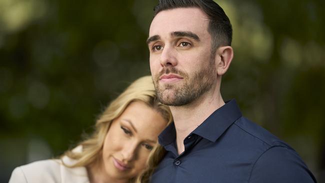 Mary Houghton who has endometriosis, with her partner, Callum MacPherson outside their home in Bowden, Thursday, Sept. 5, 2024. Picture: Matt Loxton