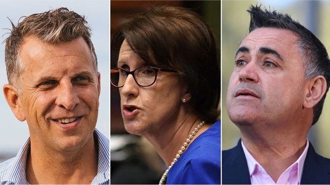 Transport Minister Andrew Constance, left, and Deputy Premier John Barilaro, right both walked away from plans to contest the Eden Monaro by-election. Their war of words prompted Port MP Leslie Williams, centre, to write to party chairman Andrew Fraser.