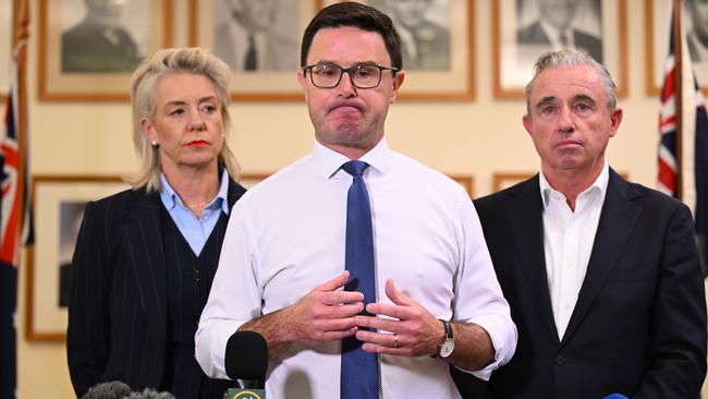 Nationals leader David Littleproud, Nationals Deputy Leader Kevin Hogan and Nationals Senate Leader Bridget McKenzie speak to the media during a press conference at Parliament House in Canberra on Tuesday.
