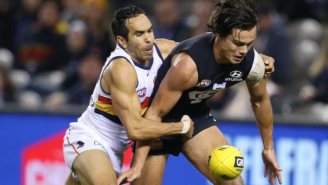 Carlton’s Jack Silvagni tackled by Adelaide's Eddie Betts. Pic: Michael Klein