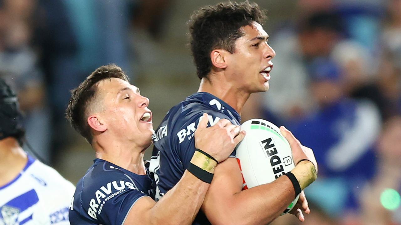 SYDNEY, AUSTRALIA - SEPTEMBER 07: Heilum Luki of the Cowboys celebrates scoring a try with team mates during the round 27 NRL match between Canterbury Bulldogs and North Queensland Cowboys at Accor Stadium, on September 07, 2024, in Sydney, Australia. (Photo by Mark Nolan/Getty Images)