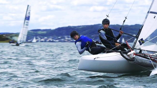 Will Cooley (right) sailing on Lake Macquarie with Bec Hancock. Will was the winner of the Southern Courier’s Junior Sports Star Individual award in 2018.