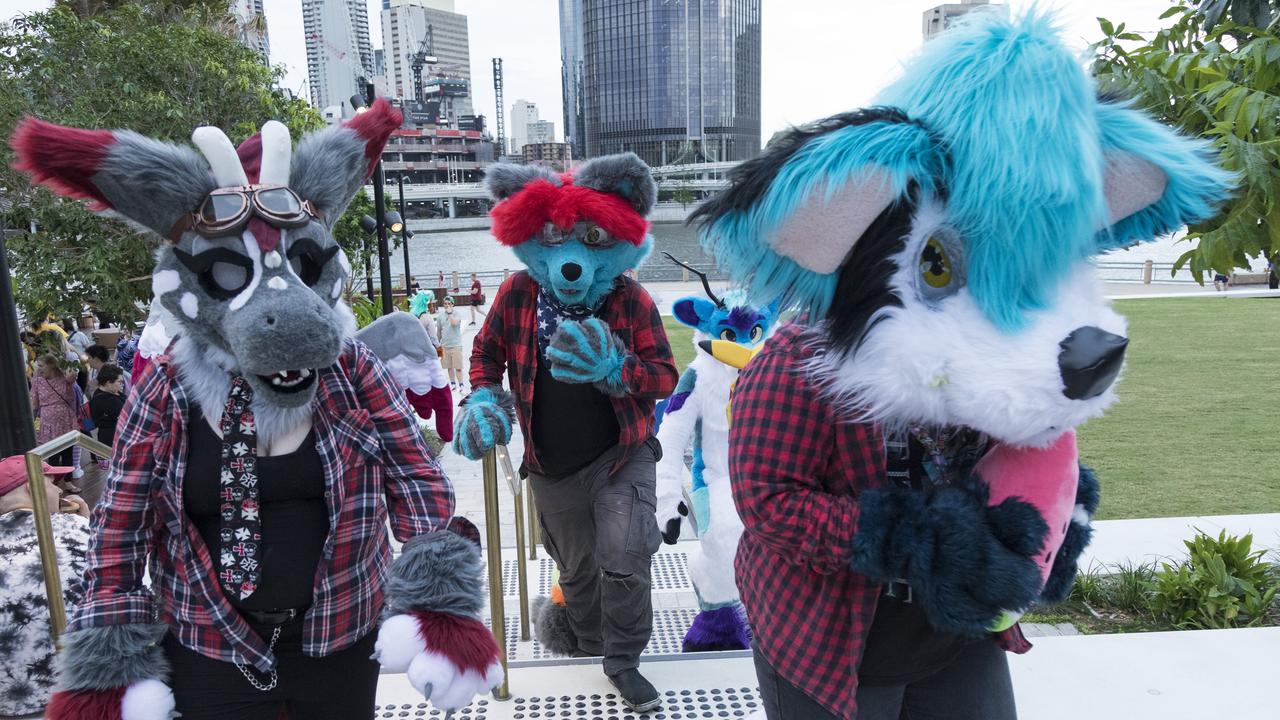 A flurry of furries at South Bank. “There’s a whole lot of humanity in being a furry.” Picture: Mark Cranitch