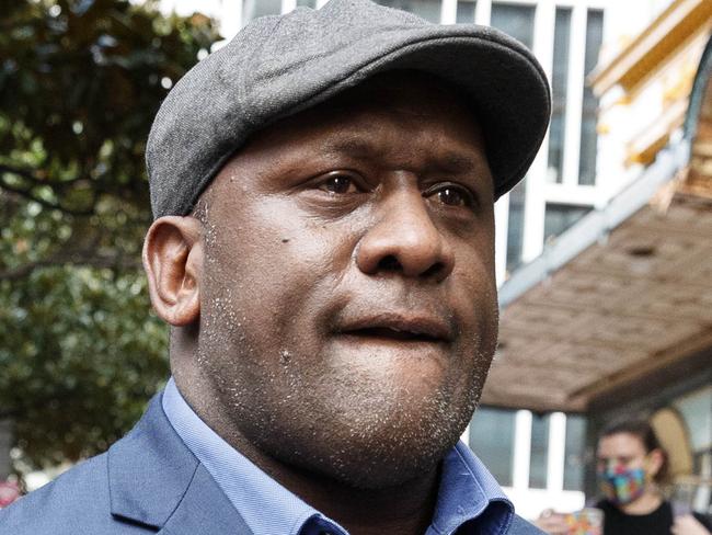 SYDNEY, AUSTRALIA - NewsWire Photos MARCH 31, 2022: Footballer, Tristan Sailor leaving Downing Centre courts this afternoon after being found not guilty. Pictured is his father, famous footballer Wendell Sailor.Picture: NCA NewsWire / David Swift
