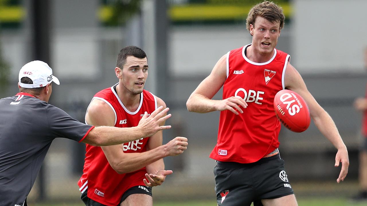 Tom McCartin and Nick Blakey at Sydney’s pre-season training. Picture: Phil Hillyard