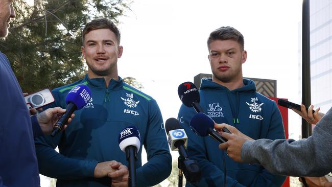 Canberra Raiders players Hudson Young and Morgan Smithies front the media. Picture: Jonathan Ng