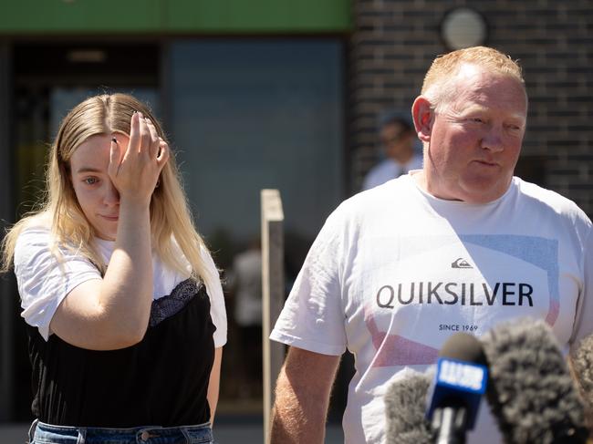 Husband Mick Murphy and daughter Jess Murphy speak to media. Picture: Nicki Connolly/NCA NewsWire