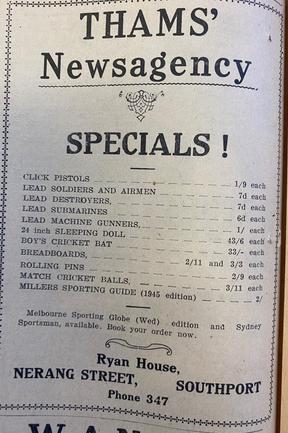 What was on the shelves of Thams’ Newsagency, Southport. Gold Coast Bulletin advertising, 1945