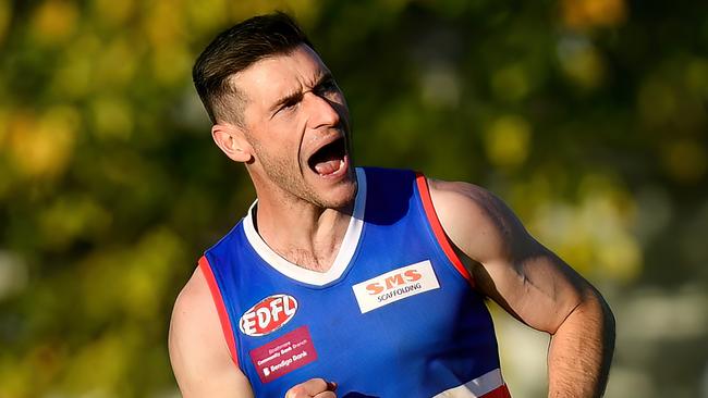 Kane Barbuto of Keilor celebrates kicking a goal during the round six EDFL Strathmore Community Bank Premier Division match between Pascoe Vale and Keilor at Raeburn Reserve, on May 18, 2024, in Melbourne, Australia. (Photo by Josh Chadwick)