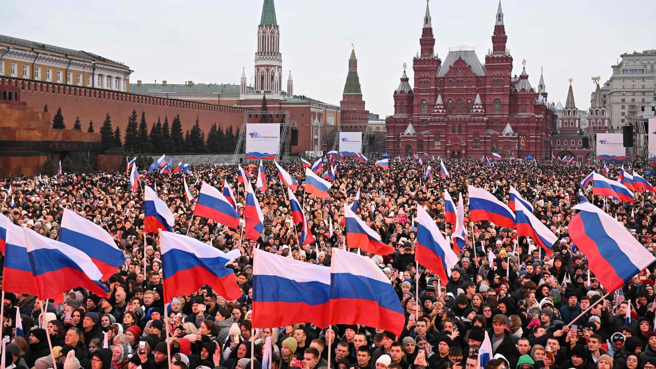 People attend a rally and a concert celebrating the 10th anniversary of Russia's annexation of Crimea, at Red Square in Moscow on March 18, 2024. Picture: AFP