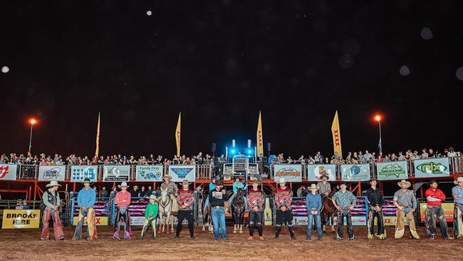 Corbin Mundy (Saddle Bronc), Hayden Davis (novice bull), Noah Dingle (junior bull), James Bowen (bucking pony), Mac Jarden (protection athlete),, Kalvin Kempster (announcer), Beau Spilsbury (protection athlete), Jake Hicks (protection athlete), Ryan Bowen (bucking pony),, Lane Parker (junior bull), Jed Farrington (novice bull), Dan Youngberry (bareback bronc), Jason Craigie (bareback bronc), Sam Stanford (saddle bronc). Back row: Jimmy Bending (pick up man), Grace McDonald (barrel racer), Candice McDonald (barrel racer) Isaak Bradford (pick up man) Picture: Valley Photography.