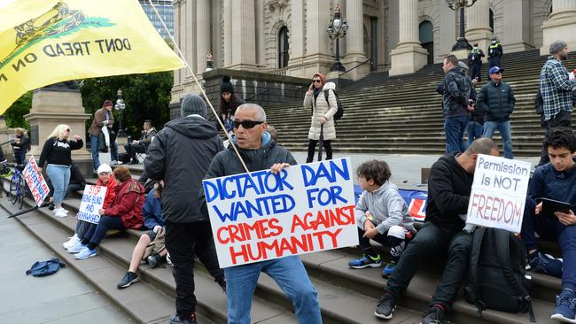 Protesters on the steps of Parliament House on Monday. Picture: Andrew Henshaw