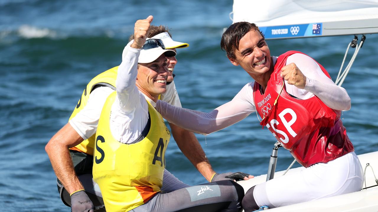 The Spain boat congratulates the Aussies. Picture: Phil Walter/Getty