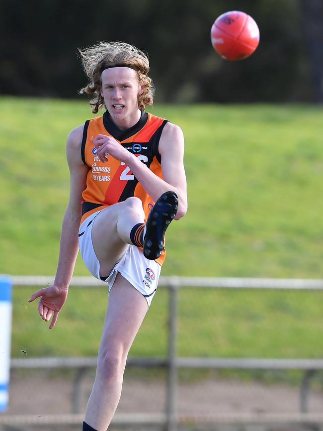 Seeing double? Mason Fletcher launches a kick forward for Calder Cannons in the TAC Cup. Picture: Andy Brownbill.