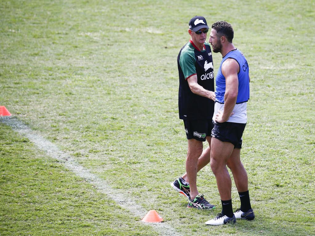 South Sydney Rabbitohs player, Sam Burgess pictured with coach Wayne Bennett, at a training session at Redfern Oval after splitting with wife Phoebe Burgess. Picture: Dylan Robinson