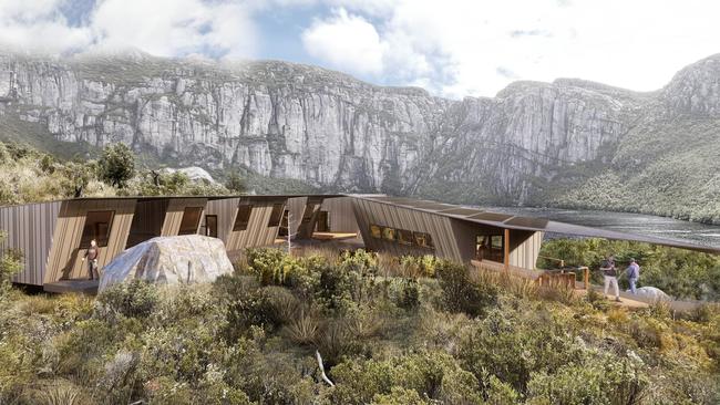 Artist's impression of Lake Huntley Hut on the proposed Next Iconic Walk near the Tyndall Range. Picture: Supplied/JAWS Architects