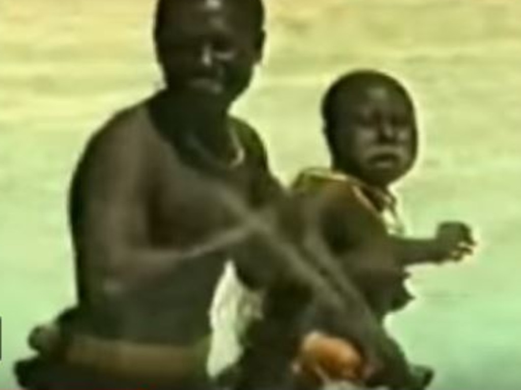 Rare footage of a Sentinelese mother and child. Picture: Indian Coast Guard