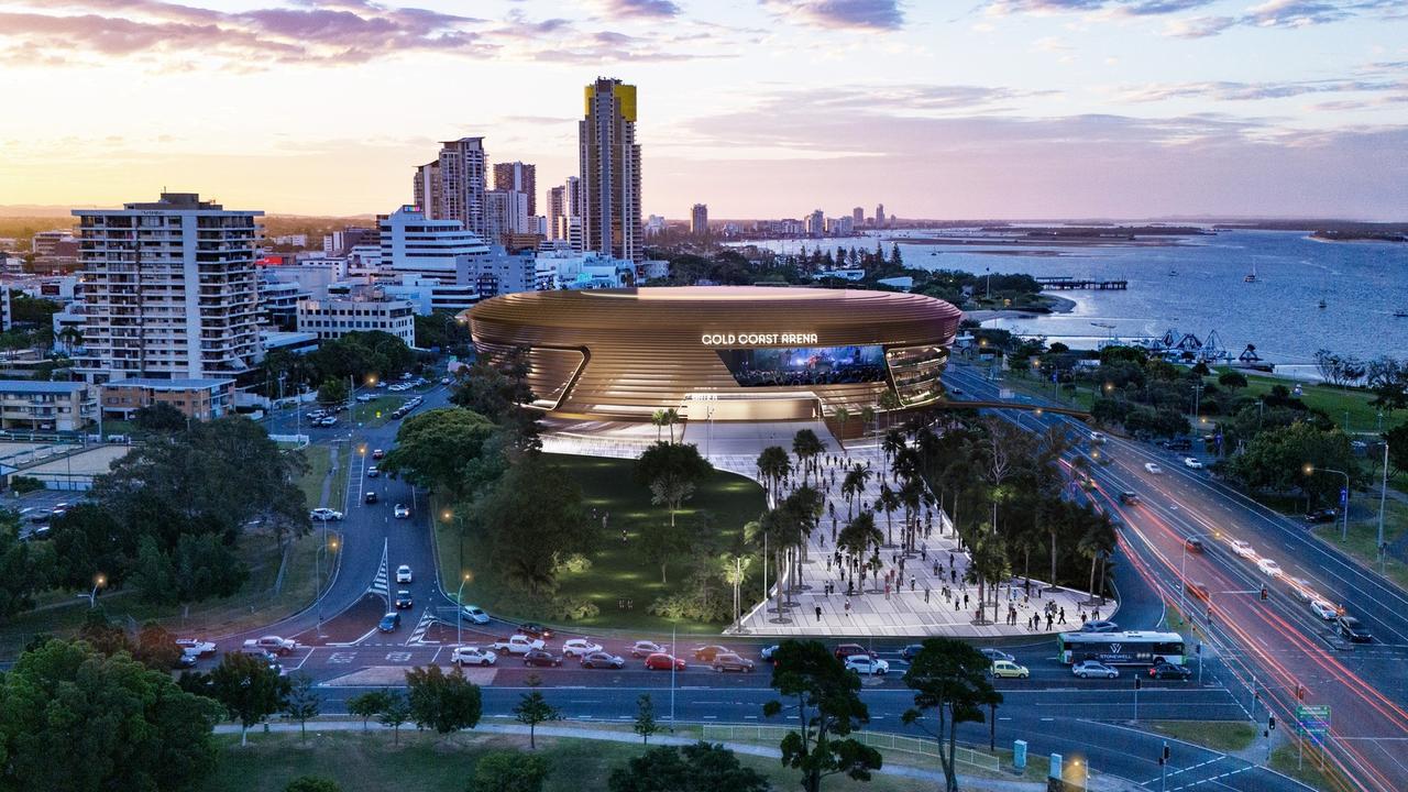 Artist impression of the proposed Gold Coast Arena at Carey Park, Southport. Picture: Supplied by Gold Coast City Council