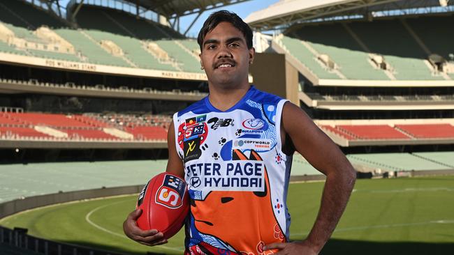 Central District’s Isaiah Dudley in the club’s SANFL Indigenous Round guernsey ahead of Saturday’s clash against South Adelaide, which will be live streamed here. Picture: Keryn Stevens