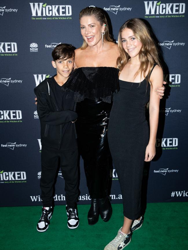 . Natalie Bassingthwaighte (C) with daughter Harper (R) and son Hendrix (L) at the Wicked Premiere held at the Sydney Lyric Theatre in September, 2023. Picture: Christian Gilles.