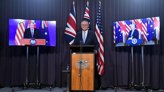Morrison, appearing during a joint press conference via video link to announce AUKUS with then British prime minister Boris Johnson and US president Joe Biden in 2021.