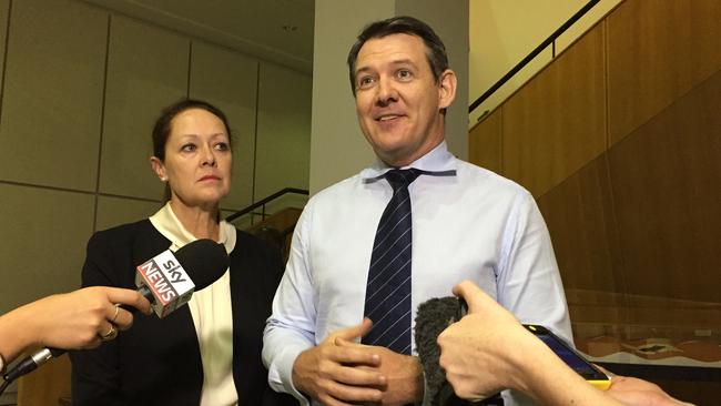 Northern Territory Labor Leader Michael Gunner and his deputy LynneWalker address reporters at Parliament House in Darwin, Wednesday Nov. 18, 2015.