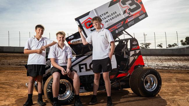 Local go-kart racers Jack Wil, 15, Hilton Rowett, 14, and Cooper Williamson, 16 on the newly completed Tolmer Speedway at Bordertown. Picture: Tom Huntley