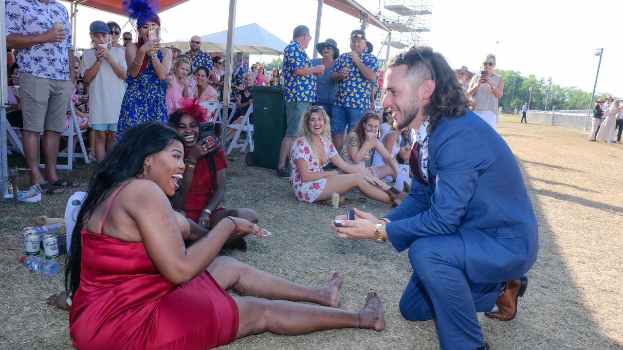 Victoria Maton accepted her Boyfriend Wes Clark’s Marriage proposal at The Great Northern Darwin Cup at Fannie Bay Turf Club. Picture: Glenn Campbell