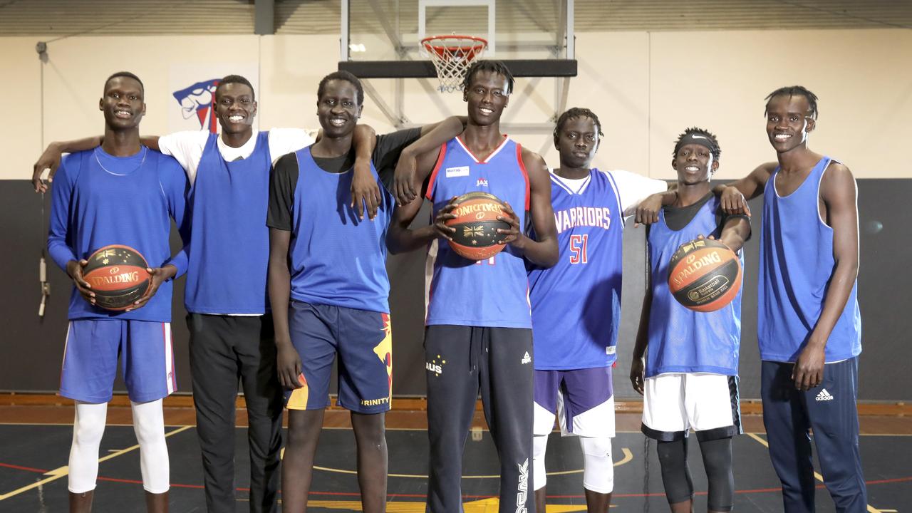 Central Districts' men's Premier League basketball team is the surprise packet of the competition this season and it has seven players of African descent - all under 21. (LtoR) Magok Manning, Lwal Diing, Angok Anyang, Anyang Garang, Chol Luk, Isaac Atuer, and Dut Bol. At Gawler, 30 May 2019. Picture Dean Martin