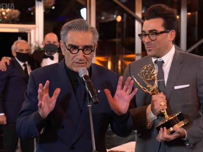 Eugene and Daniel Levy, pictured in Cananda, accepted the Emmy for Schitt's Creek, which won Outstanding Comedy Series.