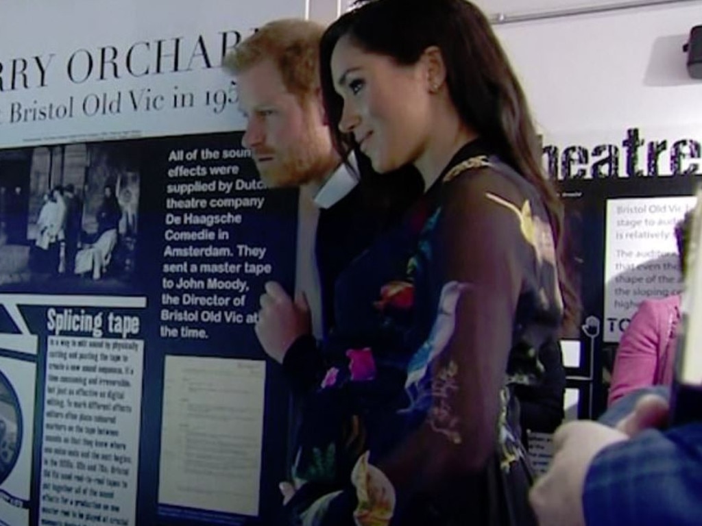 Meghan was touring the Bristol Old Vic theatre with Harry when baby Sussex appeared to kick. Picture: YouTube