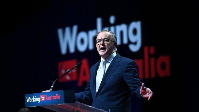 Labor is working: The PM gives a shoutout to those at the back (room). Picture: Dan Peled / NCA NewsWire