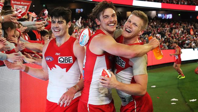 George Hewitt, Dane Rampe and Dan Hannebery celebrates after Sydney’s win. Picture. Phil Hillyard