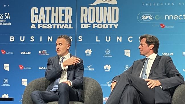 South Australian Premier Peter Malinauskas and AFL CEO Gillon McLachlan have done a deal for Gather Round to stay in South Australia until at least 2026. Picture: Paul Starick